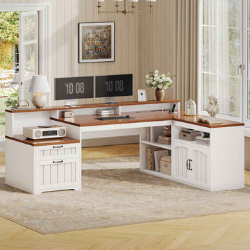 SEDETA 59 Inch Farmhouse L Shaped Computer Desk Wood Corner Office Desk with Power Outlets File Drawers Storage Cabinet Monitor Stand