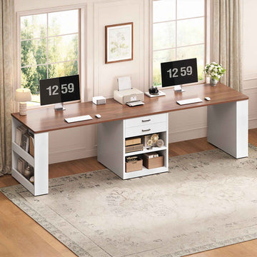 SEDETA 90.5 Inch Two Person Computer Desk Long Office Desk with Storage Drawers Two Person Writing Desk with Shelves for Home Office