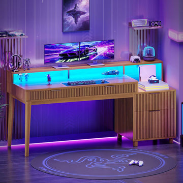 SEDETA 59 Inch Modern Office Desk with 4 Drawers Fluted Wood Gaming Computer Desk with Storage LED Lights and Power Strip Writing Desk Study Table