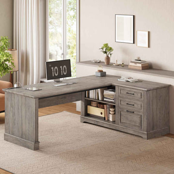 SEDETA | 61 Inch L Shaped Computer Desk Farmhouse Executive Desk with Storage File Drawers Shelves Power Outlets for Home Office