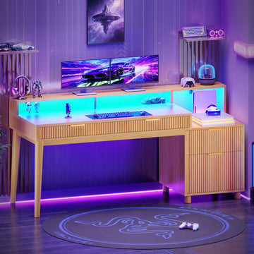 SEDETA | 59 Inch Fluted Gaming Computer Desk Modern Office Desk Writing Desk Study Table with LED Lights 4 Drawers Power Strip