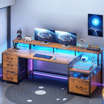 SEDETA® 75 Inch LED Gaming Desk Home Office Computer Desk with 5 Drawers Storage Shelves and Power Outlet