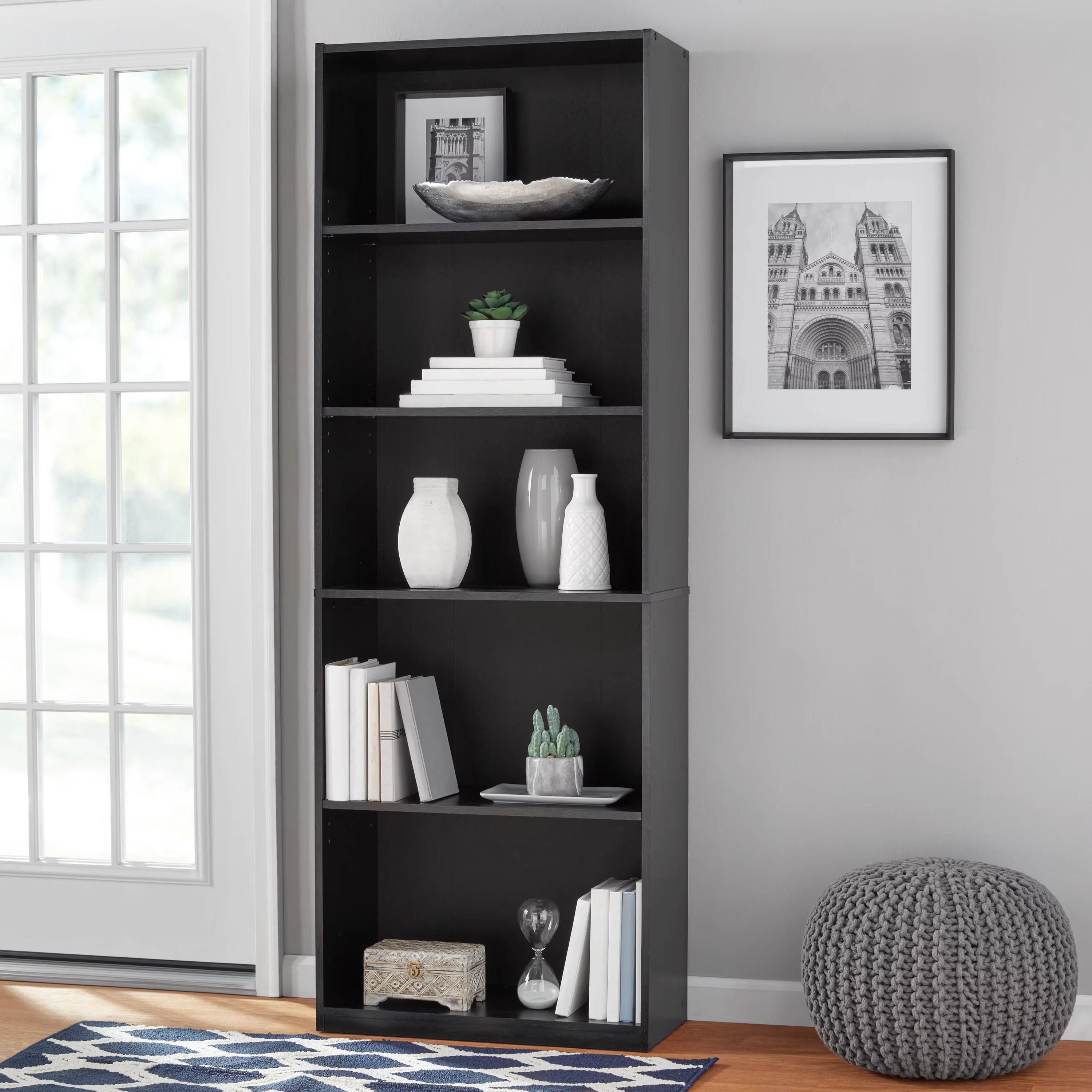 5-Shelf White Bookcase with Adjustable Shelves | Solid Wood Display