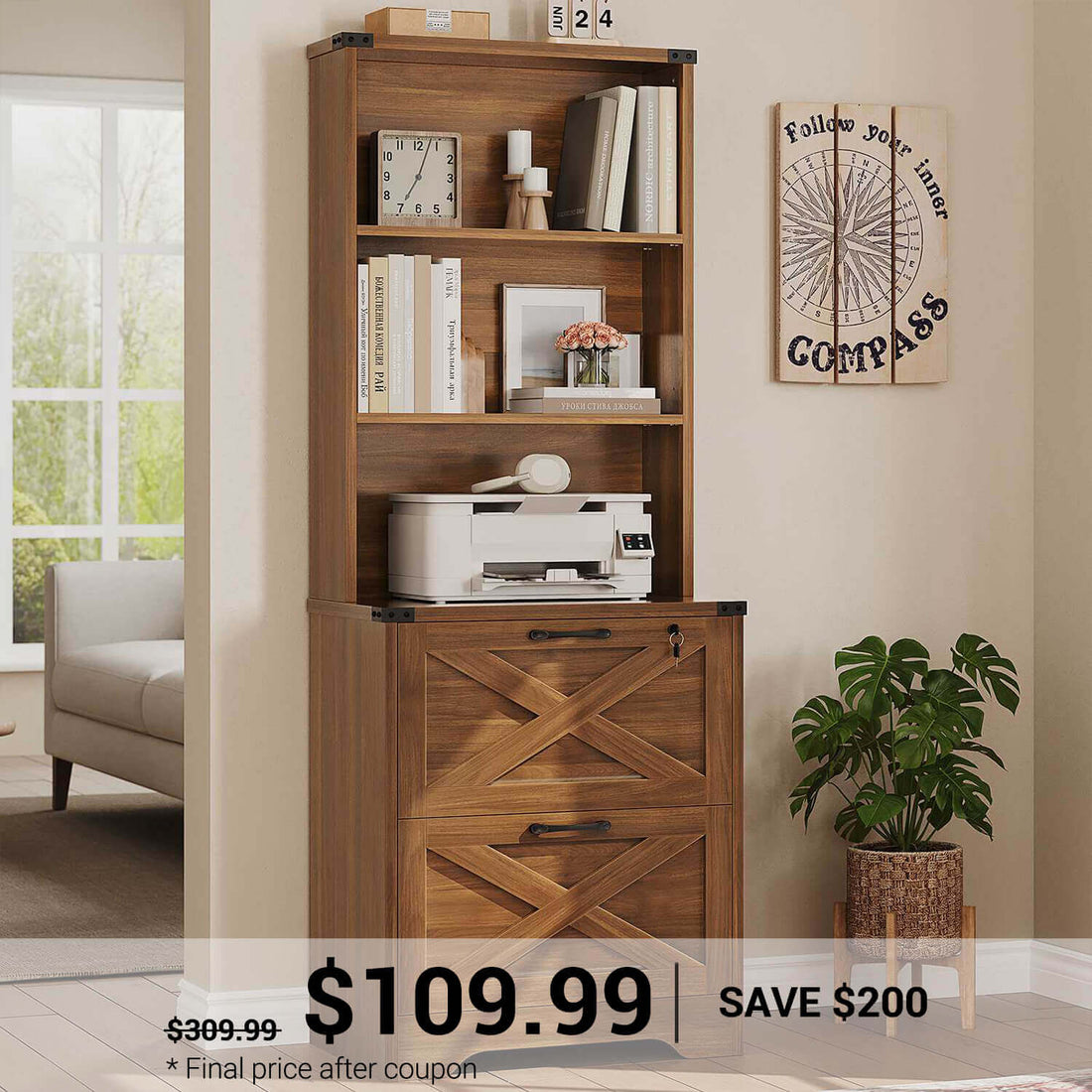 SEDETA | Farmhouse Wood File Cabinet with Lock, 2 Drawer Lateral Filing Cabinet with Hanging File Folders for Home Office