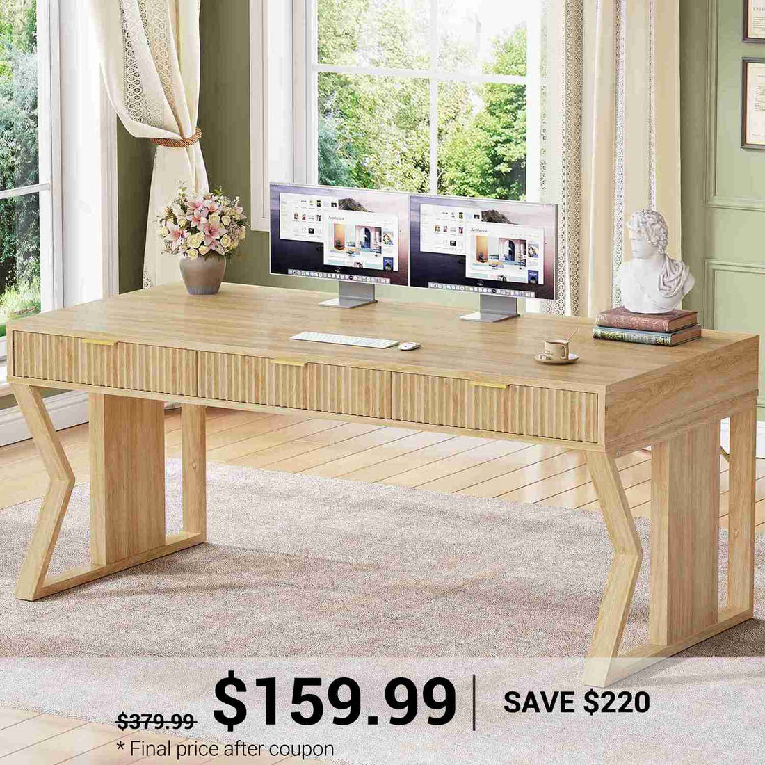 SEDETA® 55 Inch Fluted Executive Desk Home Office Computer Desk Spacious Desktop with Storage Drawers