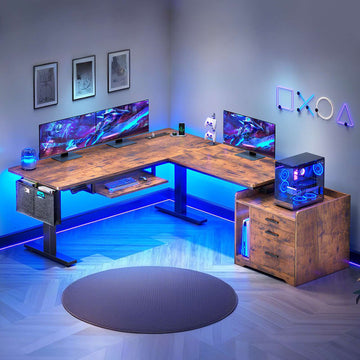 SEDETA 63 Inch L Shaped Electric Standing Desk Height Adjustable with 3 Drawers, Computer Gaming Desk with LED Lights, Power Outlet