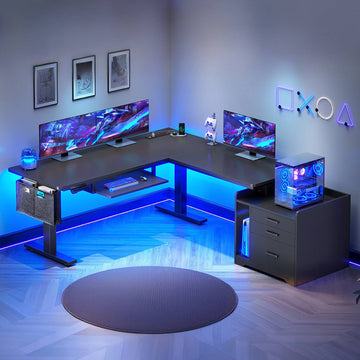 SEDETA | 63 Inch L Shaped Height Adjustable Electric Standing Desk LED Gaming Computer Desk with Power Outlet 3 Drawers File Cabinet