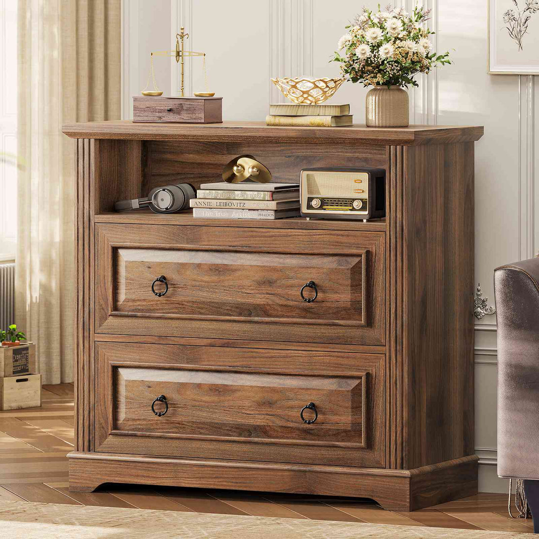 SEDETA | 33.8 Inch 2 Drawer File Cabinet Classical American with Printer Stand Storage Shelf Filing Cabinet Fits Letter Legal A4 Size