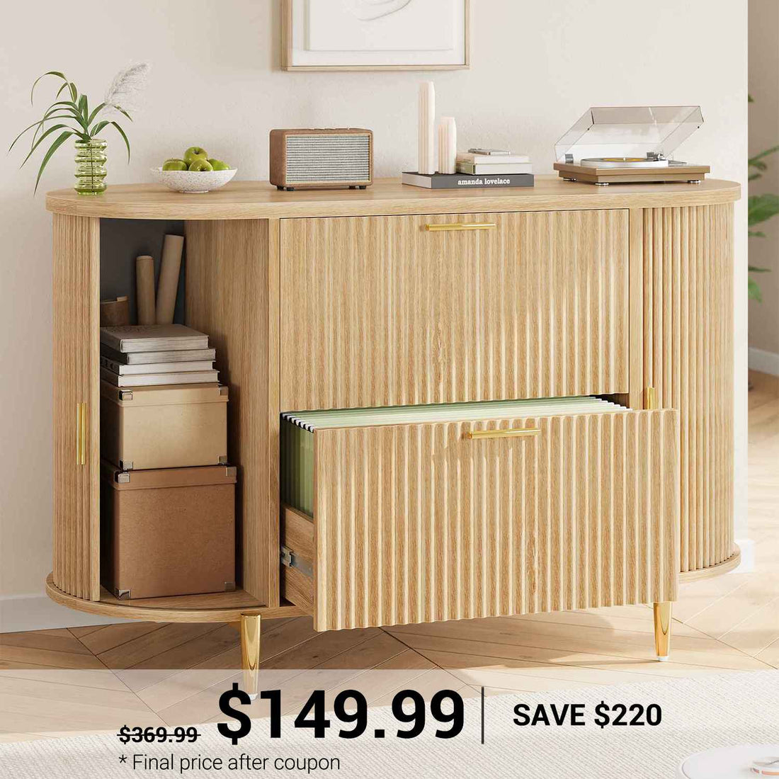 SEDETA_39.4 Inch Home Office File Cabinet Curved Sliding Cabinet Modern Light Luxury Design Fluted Filing Cabinets