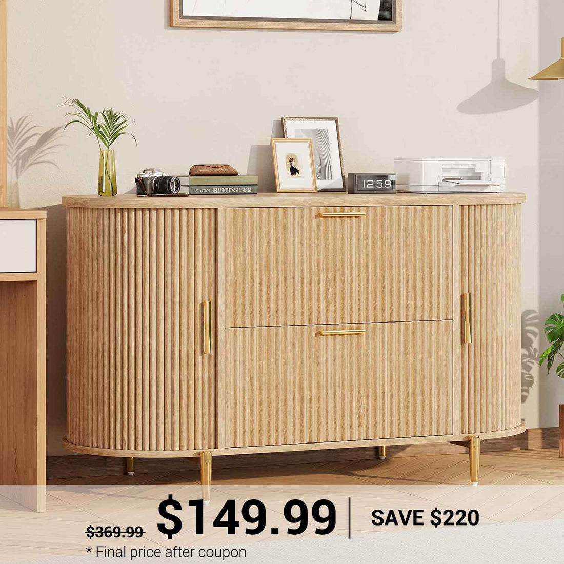 SEDETA | 39.4 Inch Fluted File Cabinet Light Luxury Design with 2 Drawers and Sliding Doors Spacious Storage and Printer Stand for Home Office