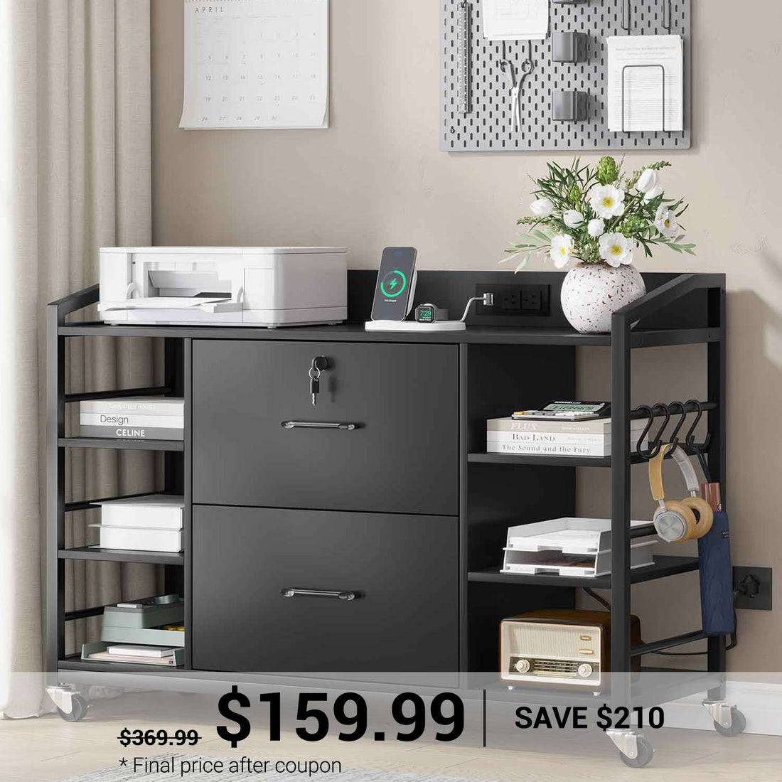 SEDETA® 44 Inch 2 Drawer File Cabinets with Power Strip Lock 6 Storage Shelves for Home Office