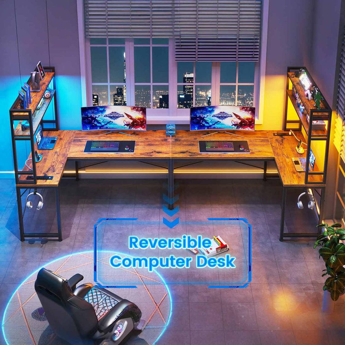 SEDETA - 45.3 Inch L Shaped Gaming Desk Reversible Small Corner Desk with Power Outlet and LED Lights Corner Gaming Desk with Storage Shelves Hooks for Small Space