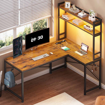 SEDETA - 45.3 Inch L Shaped Gaming Desk Reversible Small Corner Desk with Power Outlet and LED Lights Corner Gaming Desk with Storage Shelves Hooks for Small Space