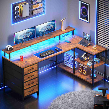 SEDETA | 47.2 Inch Computer Desk with 4 Drawers and Storage Shelves L Shaped Gaming Desk with LED Lights and Power Outlets