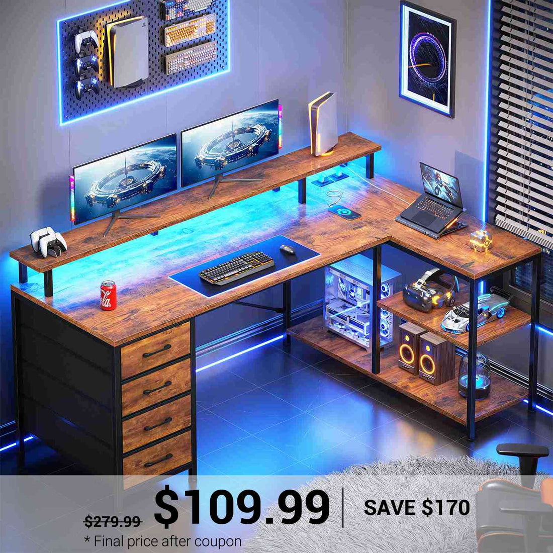 SEDETA | 47.2 Inch Computer Desk with 4 Drawers and Storage Shelves L Shaped Gaming Desk with LED Lights and Power Outlets