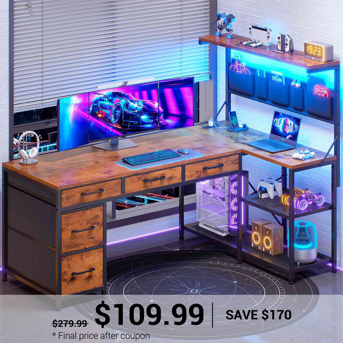 SEDETA | 47.2 Inch Reversible L Shaped Computer Desk with LED Lights & Drawers, Corner Gaming Desk with Power Outlet, Storage Shelves