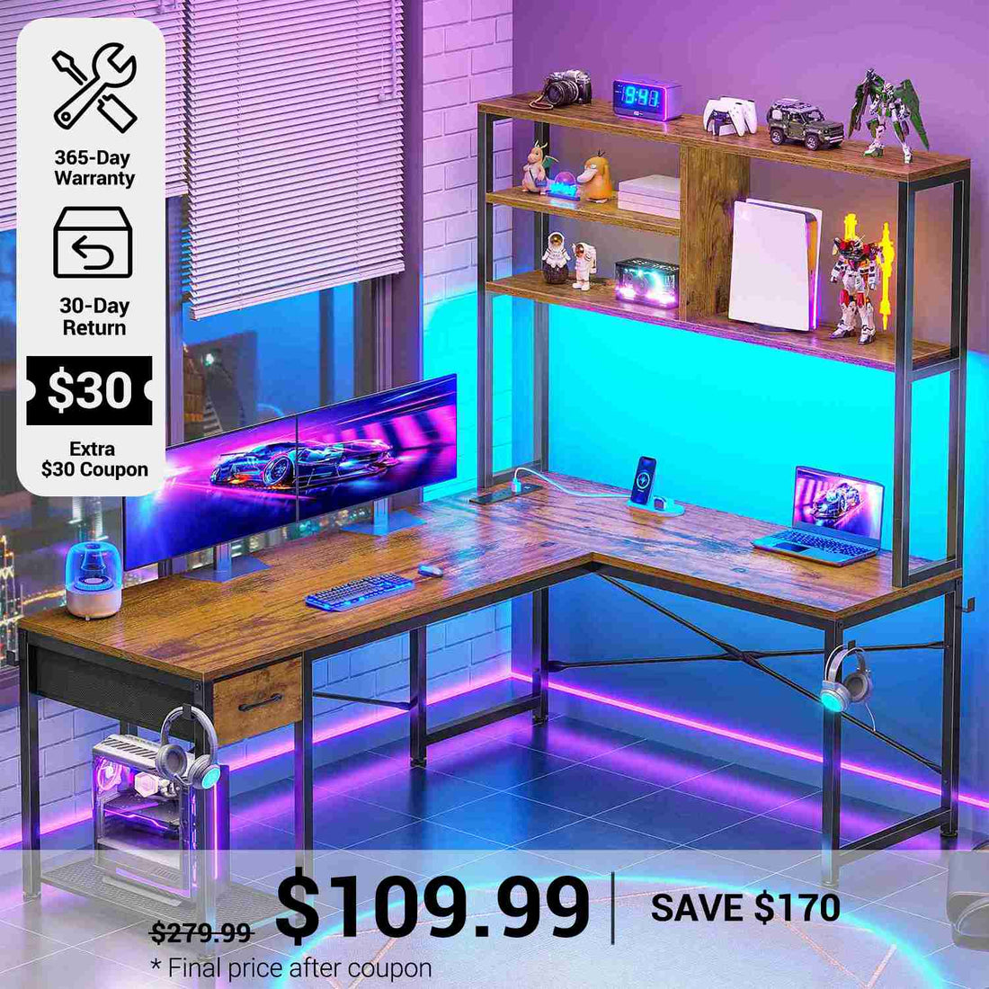 SEDETA® 51.2 Inch L Shaped Computer Desk Reversible Gaming Desk with LED Lights for Small Spaces with Drawer and Shelves