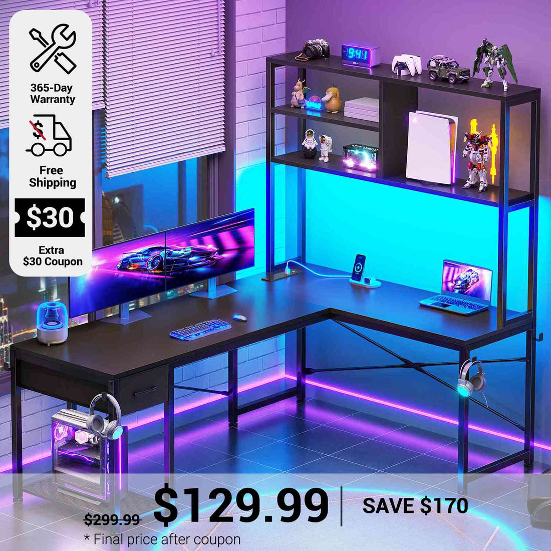SEDETA 51.2 Inch Reversible L shaped Gaming Desk Small Corner Desk with LED Lights Drawer and Storage Shelves