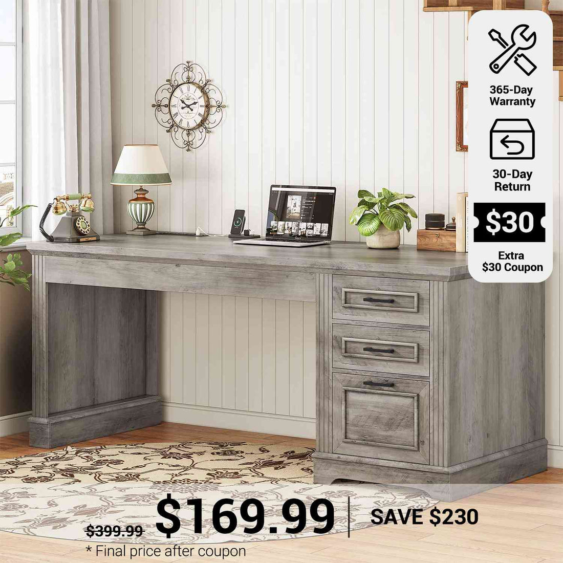SEDETA® 55 Inch Farmhouse Executive Computer Desk Office Table with Storage File Drawers Power Outlets Classical American Style