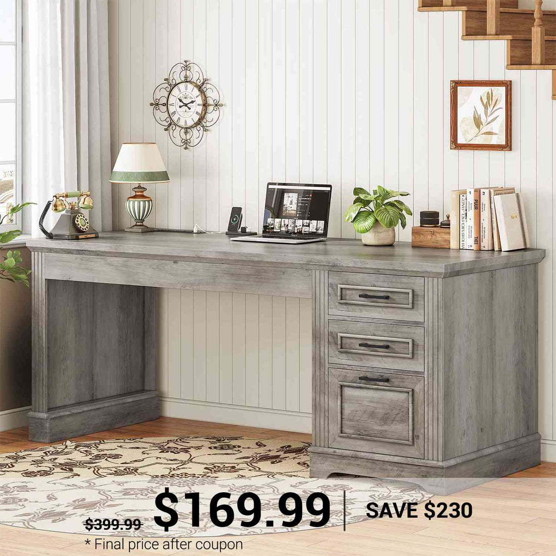 SEDETA | 55 Inch Farmhouse Executive Computer Desk with Power Outlets Storage Drawers