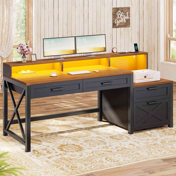 SEDETA | 55 Inch Farmhouse Office Computer Desk with 4 Drawers Power Outlet LED Gaming Desk with Printer Cabinet and Monitor Shelf