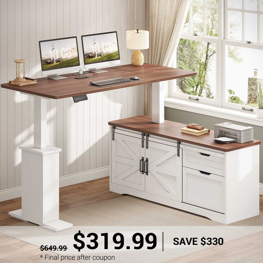 SEDETA 55 Inch L-Shaped Electric Standing Desk Height Adjustable with Storage Drawers, Farmhouse Computer Desk, Power Outlets, Home Office