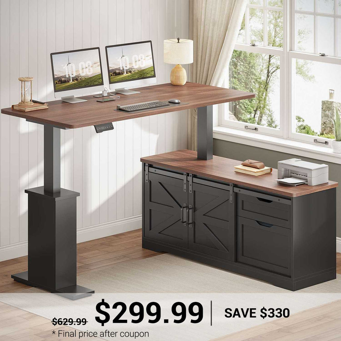 SEDETA | 55 Inch Height Electric Adjustable L Shaped Farmhouse Standing Desk with Storage Drawers and Power Outlets for Home Office