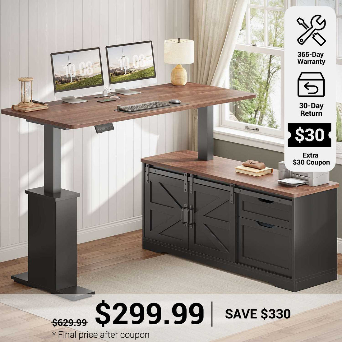 SEDETA® 55 Inch Height Adjustable Farmhouse L Shaped Electric Standing Computer Desk with Power Outlets Storage Drawers