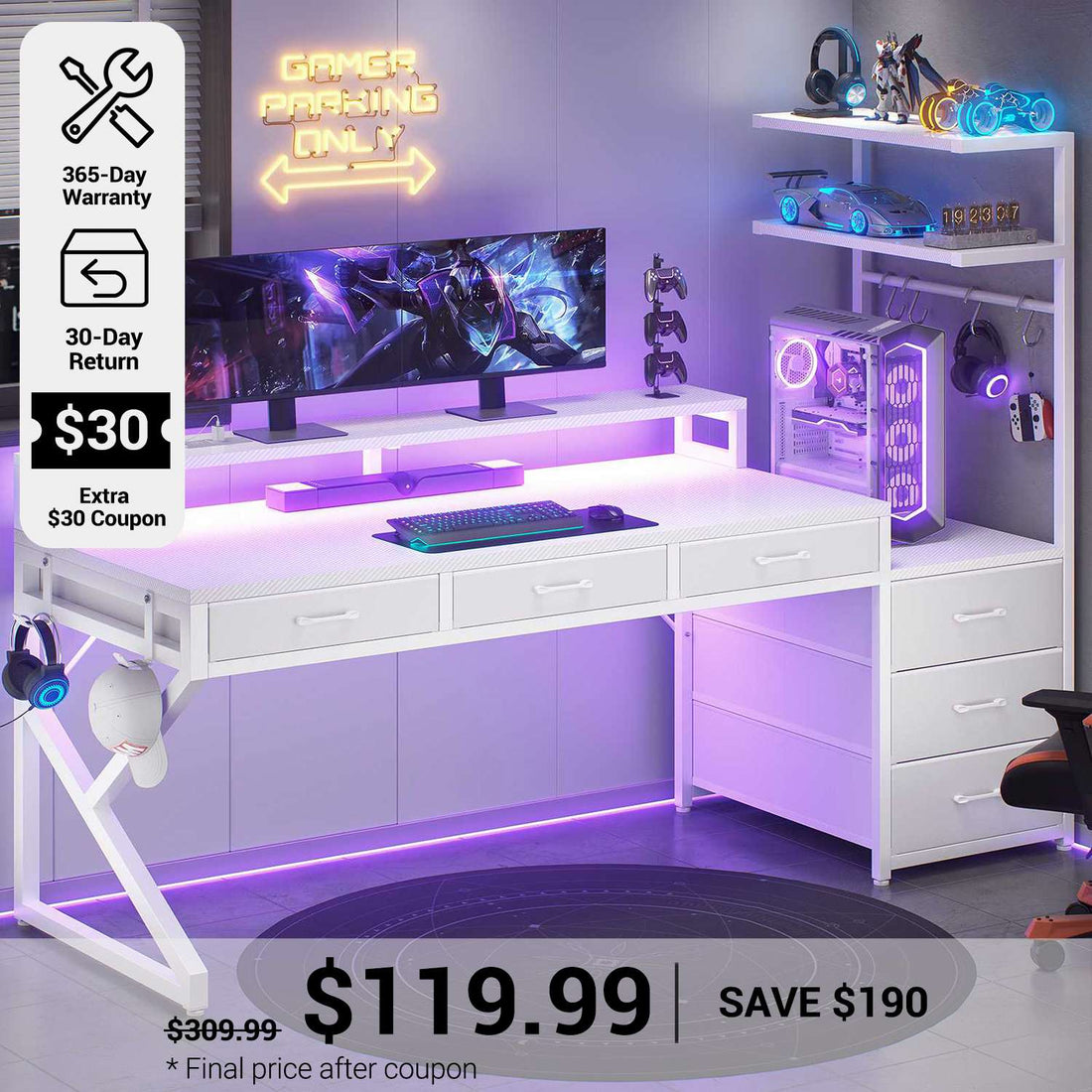 SEDETA® 55 Inch Reversible Corner Computer Desk with 6 Drawers Gaming Desk with LED Lights PC Desk with Power Outlet and Monitor Stand