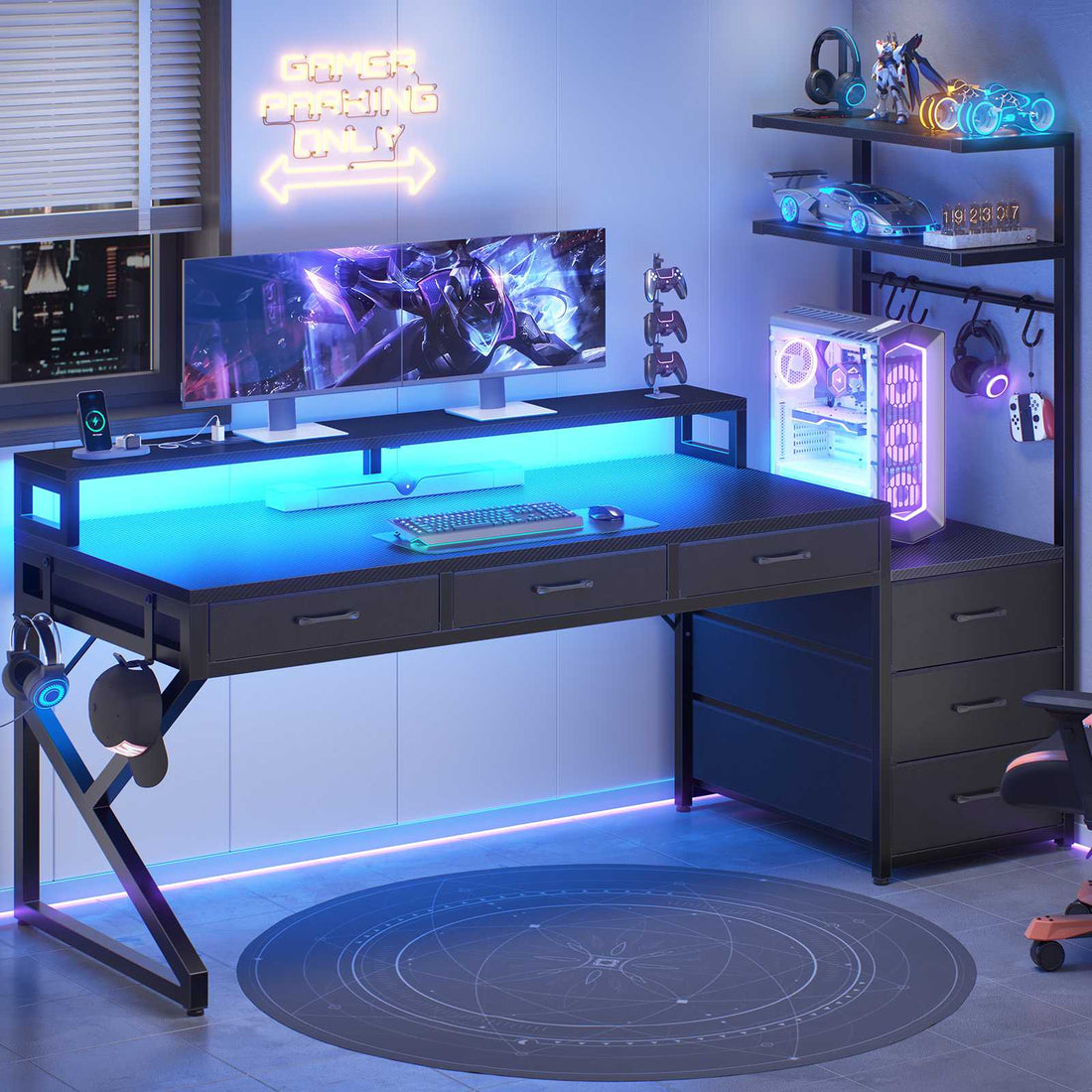 SEDETA 55 Inch Reversible Gaming Desk with 6 Drawers PC Desk with LED Lights Power Outlet Corner Computer Desk with Monitor Stand