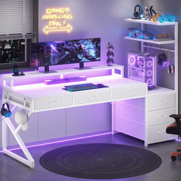 SEDETA | 55 Inch Reversible PC Desk with Power Outlet Gaming Desk with Storage LED Lights Corner Computer Desk with Monitor Stand