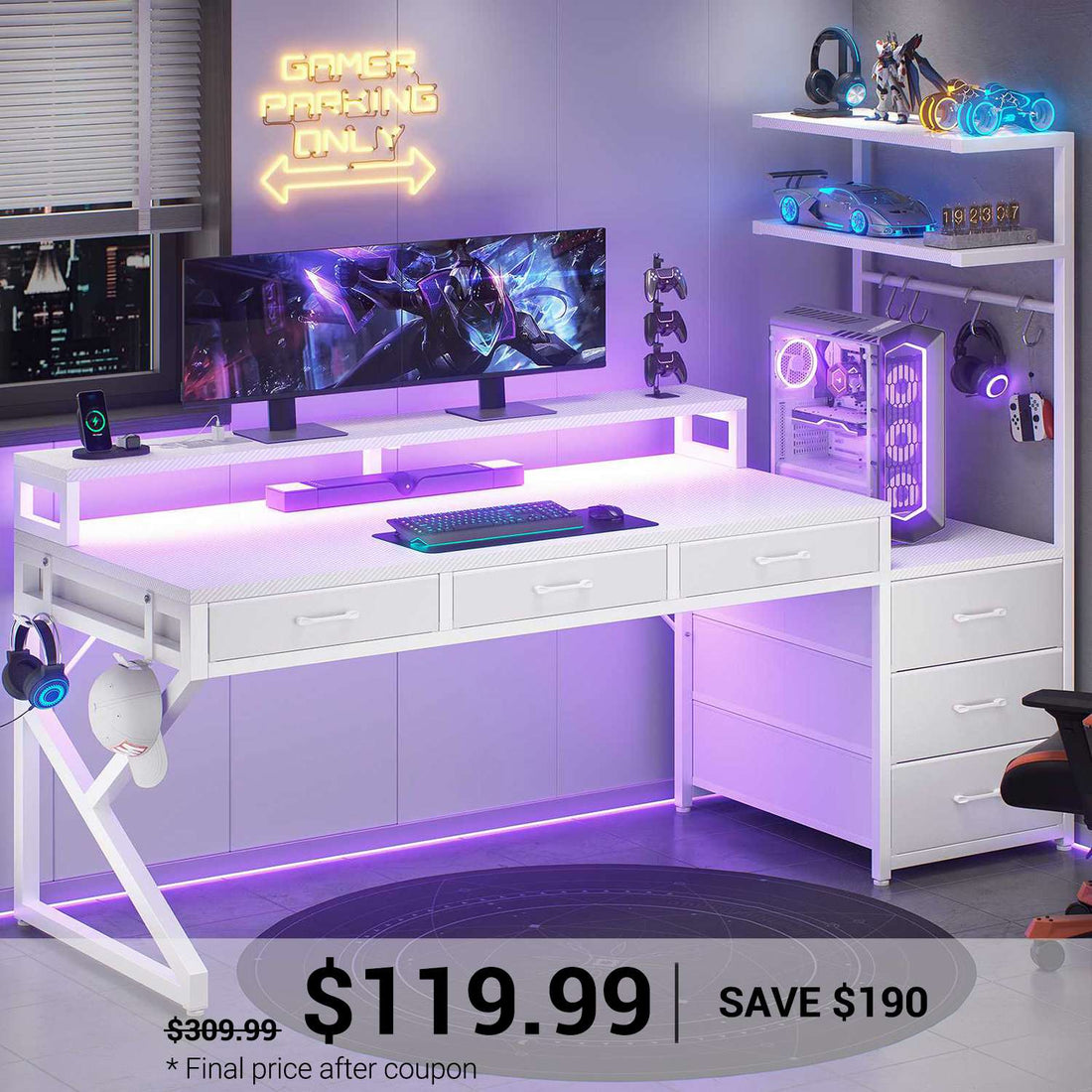 SEDETA | 55 Inch Reversible PC Desk with Power Outlet Gaming Desk with Storage LED Lights Corner Computer Desk with Monitor Stand