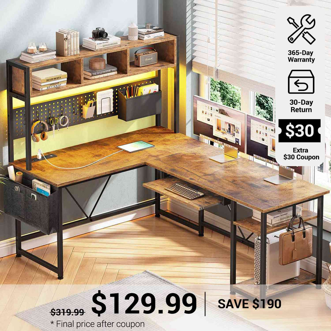 SEDETA® 57.5 Inch L Shaped Gaming Desk Reversible Corner Computer Table with LED Lights Power Outlet Pegboard Hutch