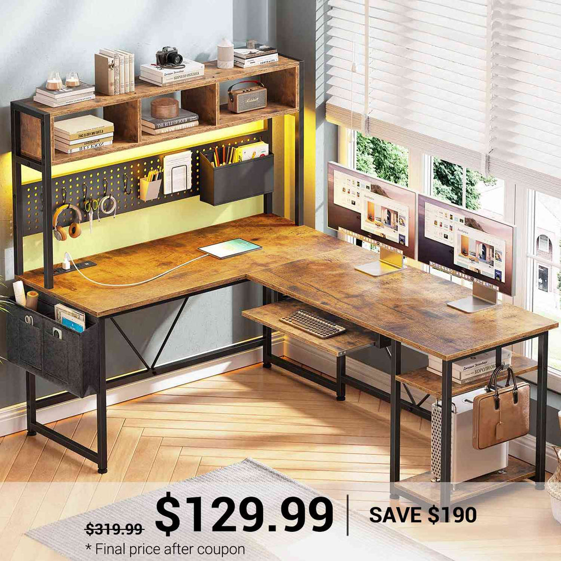 SEDETA | 57.5 Inch LED L Shaped Reversible Gaming Computer Desk with Pegboard Power Outlet Storage Shelves