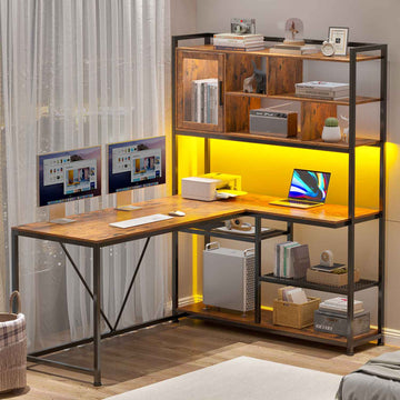 SEDETA - 58 Inch L Shaped Computer Desk Office Desk with LED Light and Bookshelf L Shaped Corner Desk with Storage Shelves for Home Office Gaming Desk L Desk