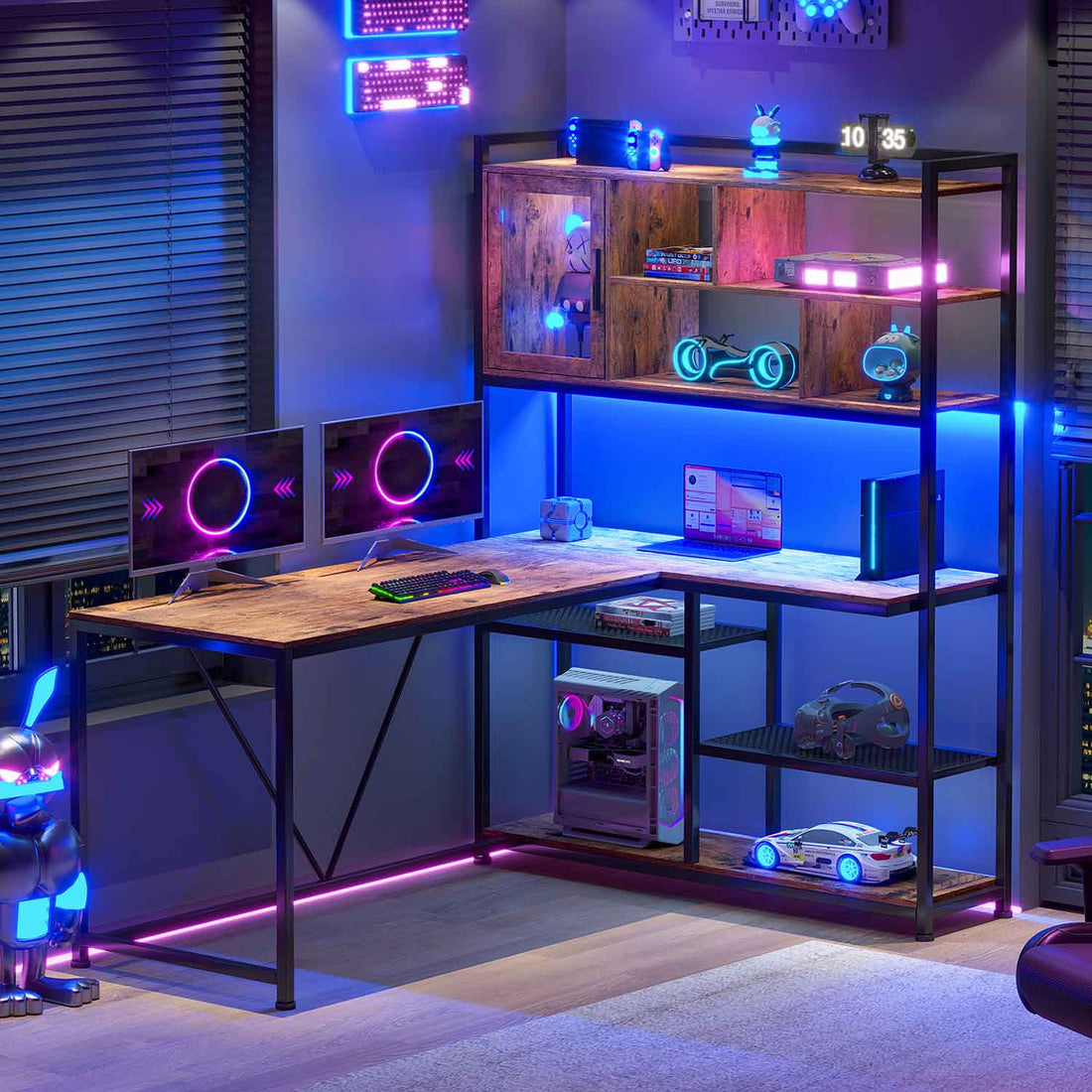 SEDETA - 58 Inch L Shaped Computer Desk Office Desk with LED Light and Bookshelf L Shaped Corner Desk with Storage Shelves for Home Office Gaming Desk L Desk