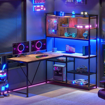 SEDETA | 58 Inch L Shaped Corner Gaming Desk with LED Light and Storage Shelves for Home Office