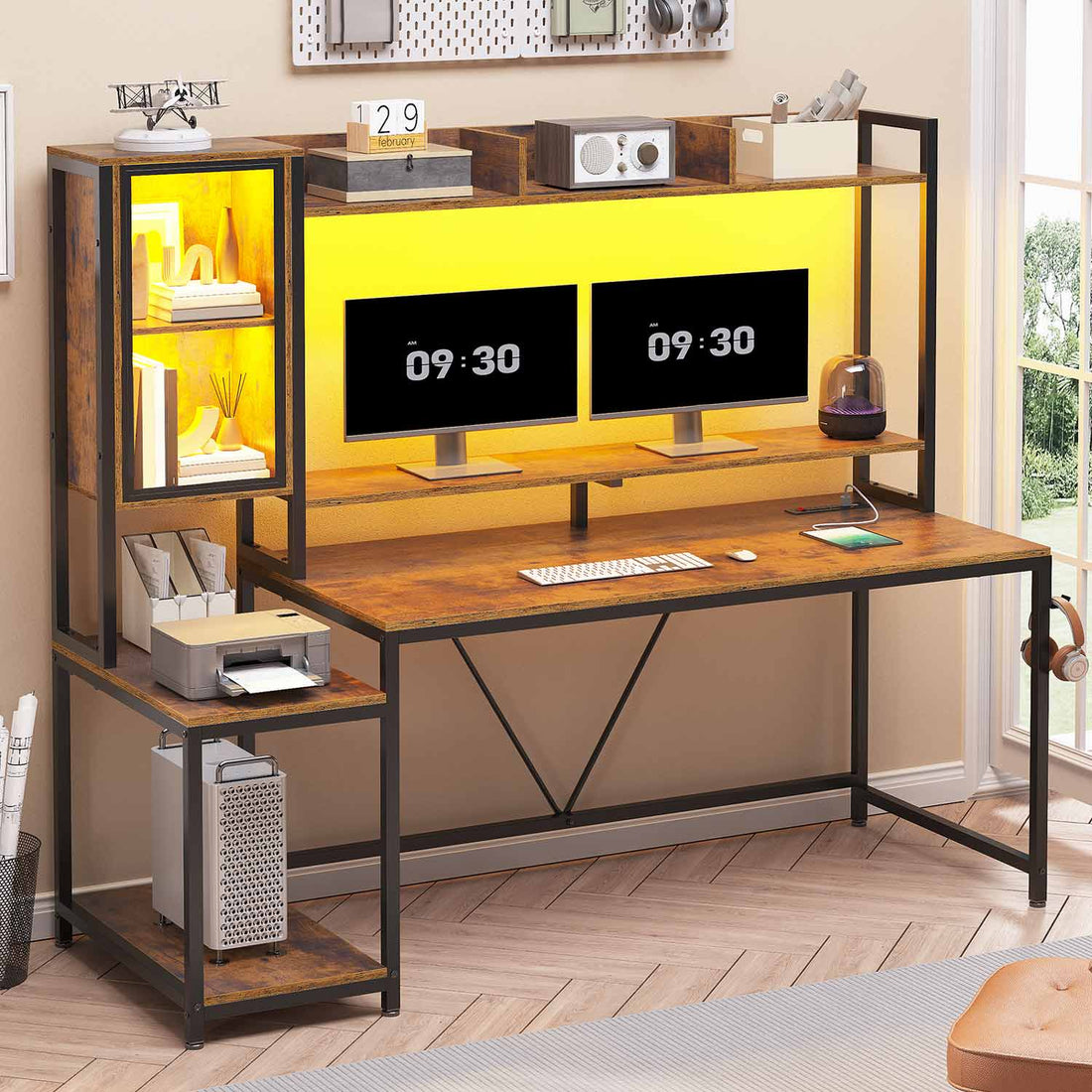 SEDETA - 60 Inch Gaming Desk with Hutch and LED Lights Computer Desk with Storage Shelves Large PC Gamer Desk with Display Cabinet Monitor Stand Power Outlet for Home Office