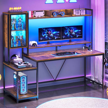 SEDETA - 60 Inch Gaming Desk with Hutch and LED Lights Computer Desk with Storage Shelves Large PC Gamer Desk with Display Cabinet Monitor Stand Power Outlet for Home Office