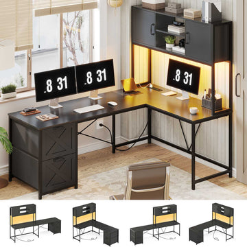 SEDETA® 62.2 Inch LED Reversible L Shaped Computer Table Corner Gaming Desk with Drawers Hutch