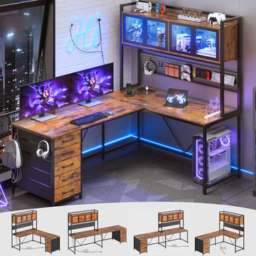 SEDETA | 62 Inch L Shaped LED Gaming Desk with Drawers and Display Cabinets Computer Desk with Power Outlet and Pegboard