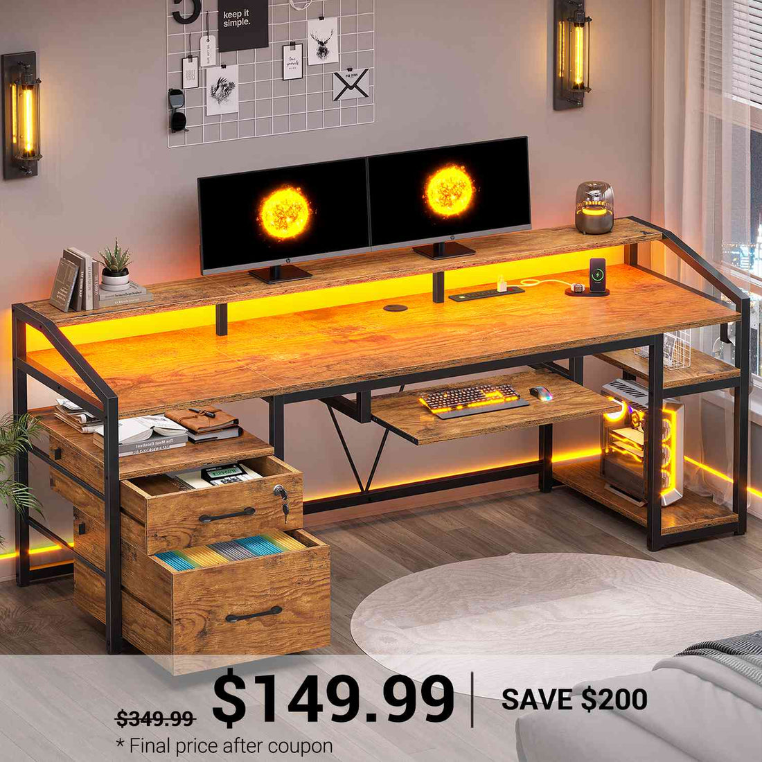 SEDETA | 63 Inch Ergonomic Gaming Desk LED Computer Table Home Office with Lock Drawers