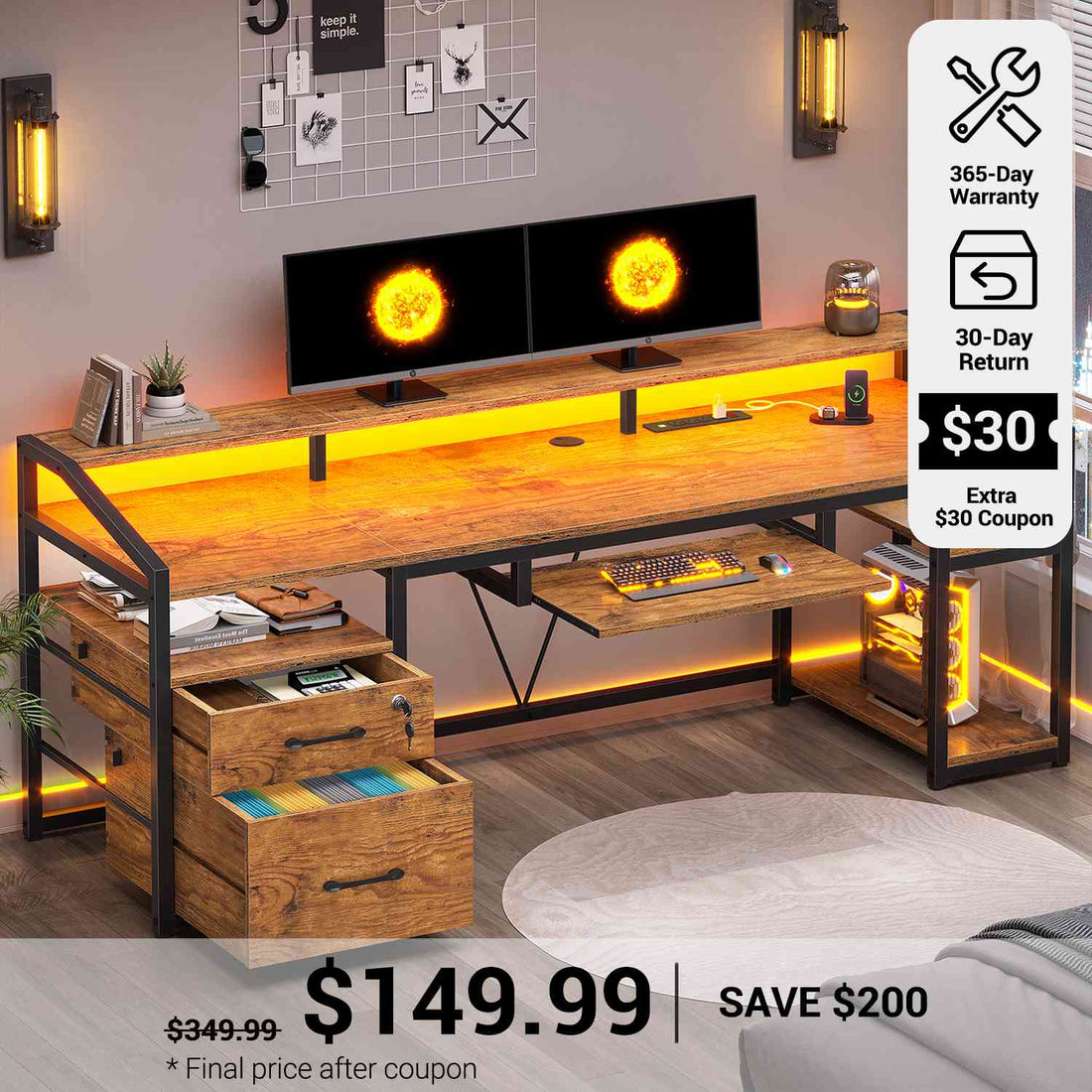 SEDETA® 63 Inch Ergonomic LED Gaming Desk Home Office Computer Table with Lock Drawers