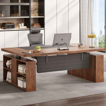 SEDETA 63 Inch Executive Standing Desk Electric Height Adjustable Computer Office Desk with Storage Shelves Power Outlets Privacy Panel