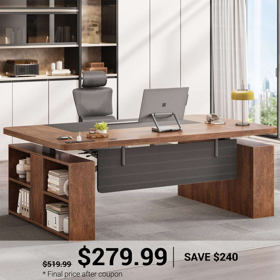 SEDETA 63 Inch Executive Standing Desk Electric Height Adjustable Computer Office Desk with Storage Shelves Power Outlets Privacy Panel