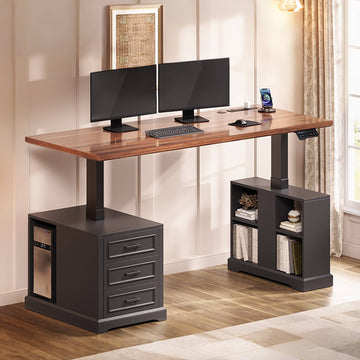 SEDETA® 63 Inch Farmhouse Standing Desk Electric Height Adjustable, Computer Desk with 3 Drawers, Power Outlets, Storage Shelves