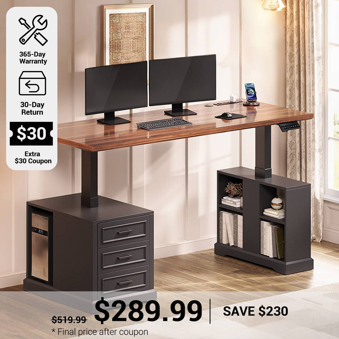 SEDETA® 63 Inch Farmhouse Standing Desk Electric Height Adjustable, Computer Desk with 3 Drawers, Power Outlets, Storage Shelves