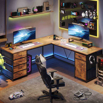 SEDETA - 63 Inch L Shaped Desk Computer Desk with 5 Drawer & Power Outlet Long Home Office Desk or Corner Desk L Shaped Corner Desk with Monitor Shelf Storage Cabinet