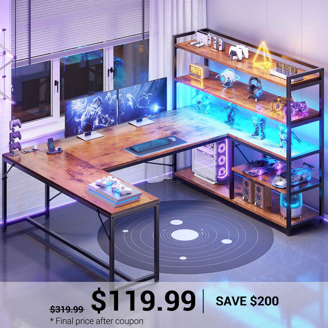 SEDETA | 63 Inch Reversible Corner Computer Desk L Shaped LED Gaming Desk with Storage Shelves and Power Outlet