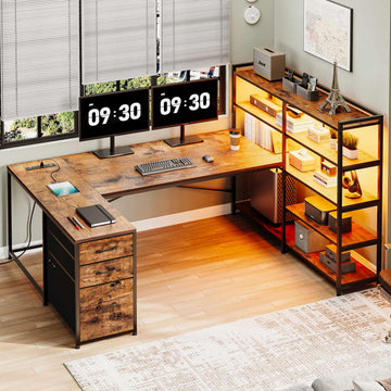 SEDETA | 64.5 Inch Gaming Desk Reversible L Shaped Computer Desk with LED Lights Power Outlet and Drawer Storage